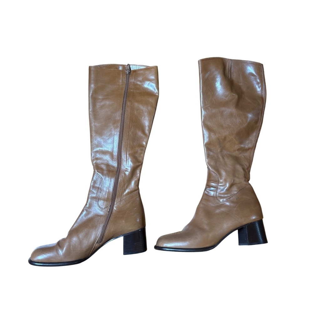 Varda‎ Tall Boots Women Tan Leather Square Toe Block Heel Italy SIZE 8.5